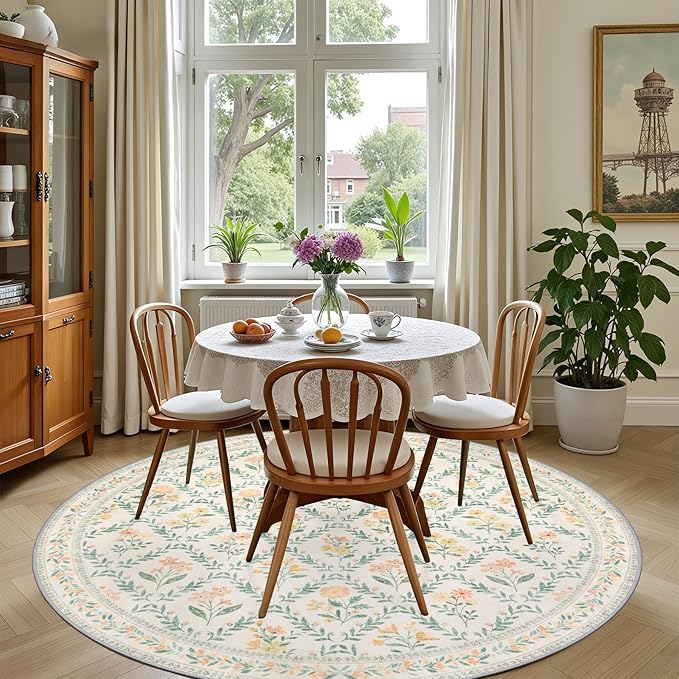 Round Area Rug for Living Room: 6 ft Floral Washable Circle Rug Soft Non-Slip Carpet Indoor Stain Resistant Low Pile Small Circular Rug for Bedroom Entryway Kitchen Nursery Home Office Beige/Multi