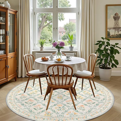 Round Area Rug for Living Room: 6 ft Floral Washable Circle Rug Soft Non-Slip Carpet Indoor Stain Resistant Low Pile Small Circular Rug for Bedroom Entryway Kitchen Nursery Home Office Beige/Multi