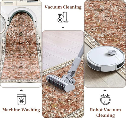 Yamaziot Washable Runner Rug 2x8 – Non Slip Boho Floral Hallway Runner Rug with Rubber Backing, Low Pile Wool Distressed Carpet for Kitchen, Laundry, Bedroom, Entrance, Brick-red