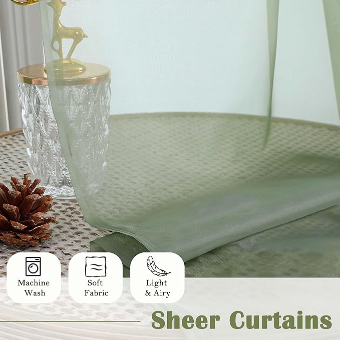 Lecloud Sage Green Sheer Curtains 84 Inches Long 2 Panels Set, Solid Airy Voile Sheer Curtain Drapes, Elegant Light Filtering Window Treatments for Living Room Bedroom, Dual Rod Pocket, 59" W x 84" L