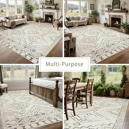 Washable Rugs 8x10 Area Rugs for Living Room,Bedroom,Dining Room- Large Ultra Soft Faux Wool Retro Carpet,Non Slip&Non-Shedding Low Pile Morocco Rug for Farmhouse Home Office Dorm(Beige-Brown)