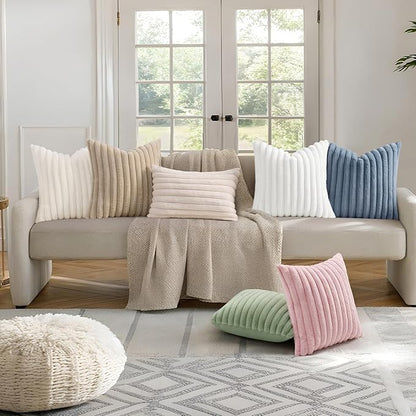 decorUhome Summer Cozy Faux Fur Throw Pillow Covers 22x22 Set of 2 Decorative Soft Plush Striped Modern Farmhouse Boho Couch Euro Sham Pillow Cases with Velvet Back for Sofa Bed Living Room, White