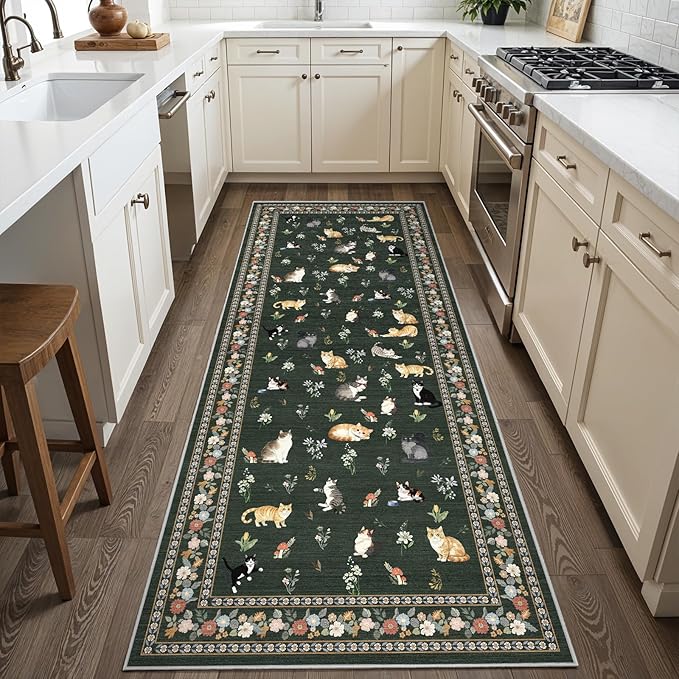 2x5 Washable Kitchen Runner Rug - Soft Low Pile Floral Animal Cat Print Rugs with Non-Slip Backing Waterproof Stain-Resistant Indoor Carpet for Hallway Entryway Bathroom Bedroom (Sage Green)