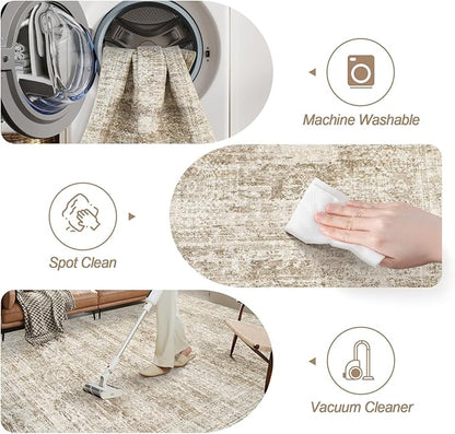 Washable Area Rug 8x10, Large Soft Rugs for Living Room Vintage Area Rugs for Bedroom Dining Room Non-Slip Stain Resistant Brown Under Table Rug