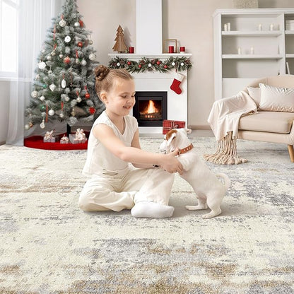 UERMEI Area Rug Living Room Rugs - Washable Neutral Modern Abstract Soft Thin Large Rug Indoor Floor No Slip Rug Carpet for Bedroom Under Dining Table Home Office Decor-Light Brown/Gray-7'x 9'