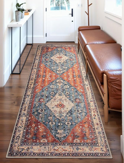SERISSA Boho Washable Runner Rug, 2x6 Rug Non-Slip Tribal Hallway Kitchen Runner Rug Ultra Soft Print Distressed Vintage Floor Carpet for Bedroom Bathroom Laundry Living Room