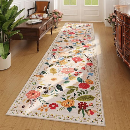 Rugcomf Long Hallway Runner Rug 2'7"x14' - Floral Washable Non Slip Boho Carpet for Kitchen, Entryway, Hall, Bathroom - Beige