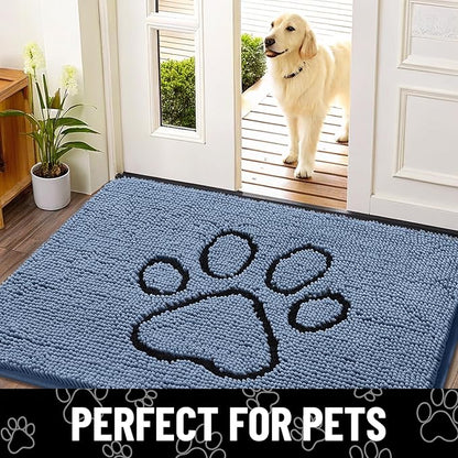 Smiry Dog Door Mat for Muddy Paws, Absorbent Dirt Trapper Non Slip Quick Dry Washable Chenille Mat for Mud Dogs, Entry Rug for Indoor and Outdoor (48x30 Inches, Airy Blue and Black)