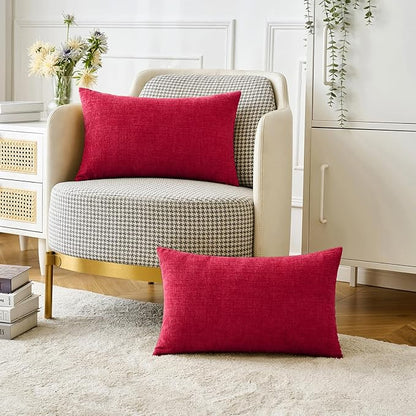 MIULEE Pack of 2 Red Couch Throw Pillow Covers 12x20 Inch Soft Chenille Lumbar Pillow Covers for Sofa Living Room Solid Dyed Cases