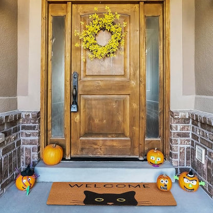UINI Door Mat Cat Welcome Mat, Black Cat with Green Eyes Doormat, Non-Slip Cat Welcome Mats for Front Door, Outside Entrance, Resist Dirt, 17" x 30"