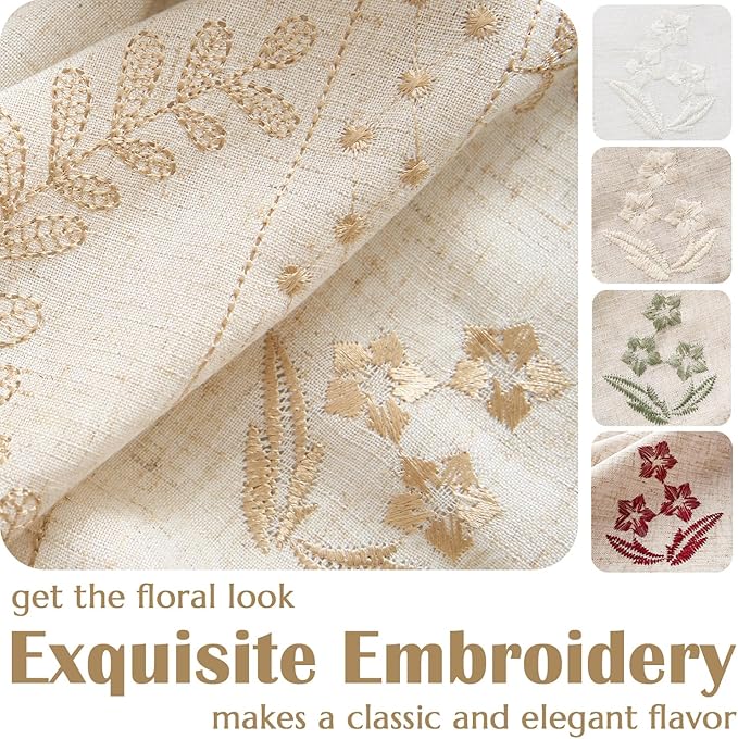 jinchan Belrose Linen Curtains for Bedroom Floral Curtains 90 Inch Length Linen Blend Beige Embroidered Drapes Farmhouse Flower Patterned Drapes for Living Room Window Treatments Set 2 Panels