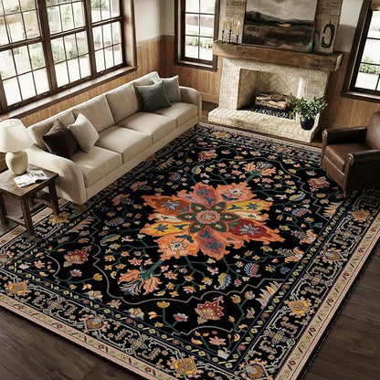 RELEANY Area Rugs 9'x12' Washable Non-Slip, Floral Vintage Distress Print Pattern Medallion Carpet for Living Room Bedroom Dining Room, Black Colorful Floral Dark Tan