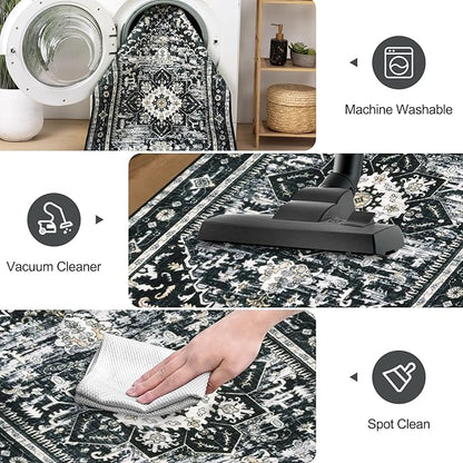 Yamaziot Washable Runner Rug, 2x8 Non-Slip Boho Vintage Hallway Rug Runner with Rubber Backing, Stain Resistant & Low Pile Distressed Carpet Runner for Bedroom, Kitchen, Laundry, Entrance, Black