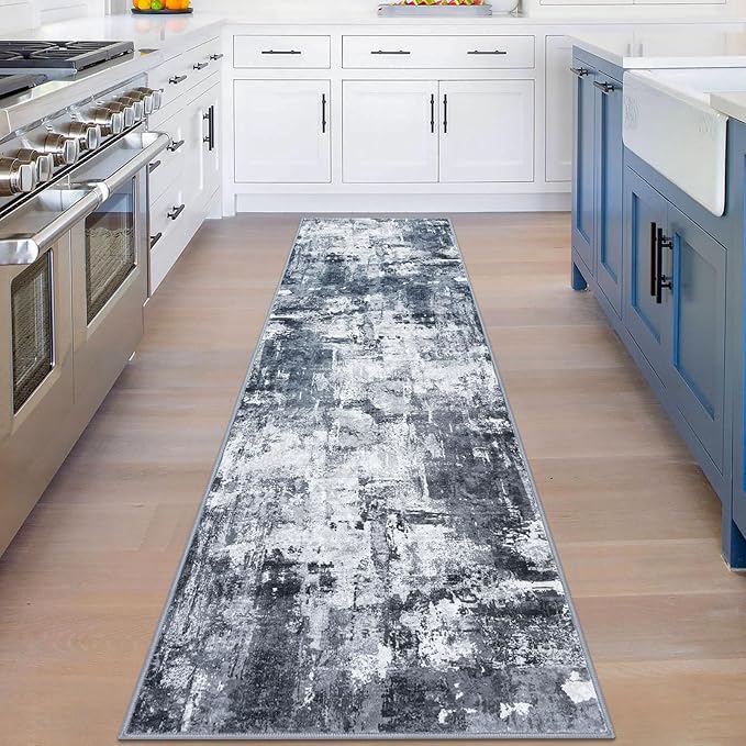 KOZYFLY Modern Abstract Rug Runner for Hallway 2x8 Grey/Black Kitchen Runner Rug Non Skid Washable Carpet Runner Laundry Room Mat Soft Fluffy Low Pile Rug for Hallway Entryway Bathroom Bedroom