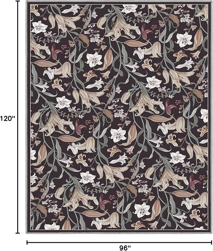 Area Rug 8x10 Vintage Rug Traditional Mat,Non Slip Indoor Boho Area Rug Carpet Home Décor for Entryway, Bedroom, Dining Room (Dark Floral)