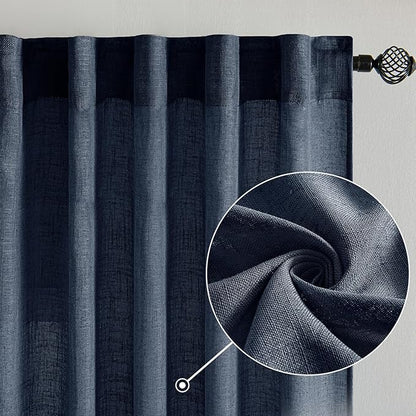 MIULEE Navy Blue Short Linen Curtains 45 Inch Length 2 Panels for Boys Bedroom Bathroom, Soft Thick Linen Textured Natural Kitchen Window Drapes Semi Sheer Light Filtering Back Tab Burlap Look Decor