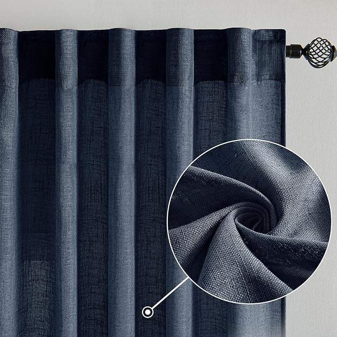 MIULEE Navy Blue Linen Curtains 84 Inch Length 2 Panels for Bedroom Living Room, Soft Thick Linen Textured Natural Window Drapes Semi Sheer Light Filtering Back Tab Rod Pocket Burlap Look Decor