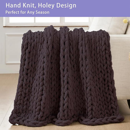 Bigacogo Chunky Knit Throw Blanket for Couch, 40x60 inches, 100% Hand Knitted with Thick Jumbo Chenille Yarn, Cozy Soft Large Rope Knot Cable Crochet Blankets for Sofa Bed Living Room, Chocolate