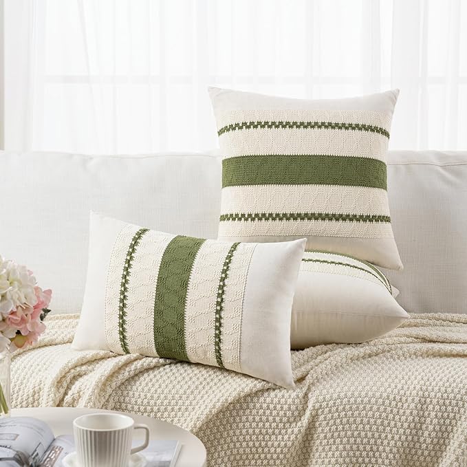 Fancy Homi Set of 1 Boho Moss Green Euro Decorative Throw Pillow Cover 26x26 Inch for Couch Bed Bedroom, Aesthetic Modern Organic Farmhouse Room Decor, Soft Cotton Accent Macrame Woven Cushion Case