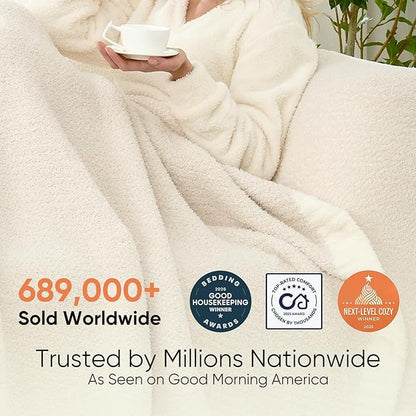 Snuggle Sac Queen Size Oversized Super Soft Bed Blanket - Warm & Cozy Knit Fuzzy Microfiber Blankets in Heather Ivory, 90 x 90