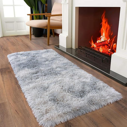 Ultra Soft Runner Rugs for Bedroom Hallways with Upgraded Non-Slip Rubber Backing & Thick Memory Sponge, 2x4 Feet Fluffy Shag Throw Area Rug for Bedside Dorm Tie-dye Light Grey