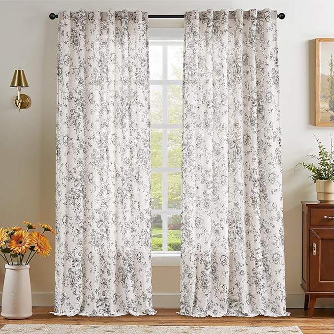 jinchan Linen Blend Curtain Floral Curtains for Living Room 96 Inch Length Black Printed Curtain Rod Pocket Back Tab Farmhouse Peony Flower Patterned Drapes Bedroom Window Curtains Set 2 Panels