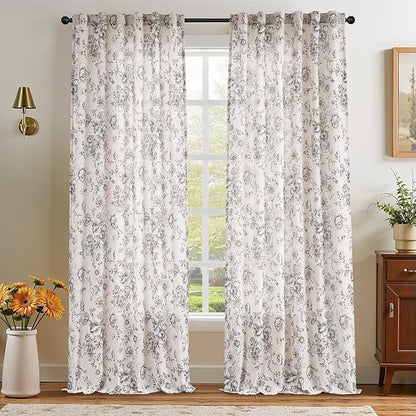 jinchan Linen Blend Curtain Floral Curtains for Living Room 96 Inch Length Black Printed Curtain Rod Pocket Back Tab Farmhouse Peony Flower Patterned Drapes Bedroom Window Curtains Set 2 Panels