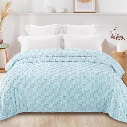 Exclusivo Mezcla Twin Size Flannel Fleece Blanket, Super Soft and Warm Lightweight Checkered Pattern Blankets for All Seasons, 60x80 Inches, Light Blue