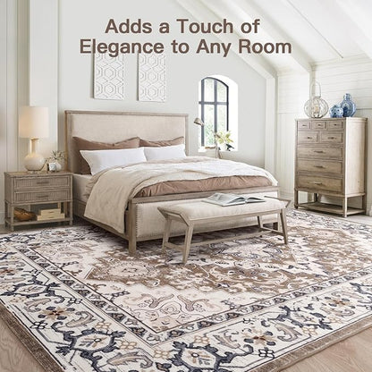Lofus 5x8 Area Rugs for Living Room, Washable Area Rug, Rugs for Bedroom, Kitchen, Vintage Boho Carpet, Soft Non-Slip, Low Pile Large Area Rug for Office Dining Room, Floral Brown