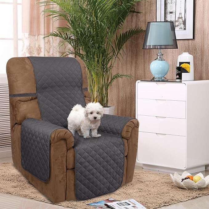 U-NICE HOME Recliner Chair Covers Reversible Quilted Water Repellent Pet Protectors with Elastic Straps (23''Recliner Small, Dark Grey/Dark Grey)