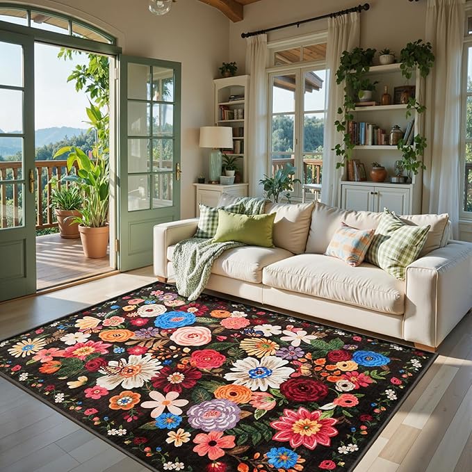 Black/Brown Area Rugs 10x14 Living Room, Non Slip Machine Washable Floral Rugs, Low Pile Lightweight Large Rug for Bedroom, Dining Room, Home Office(10 x 14, Black/Brown)