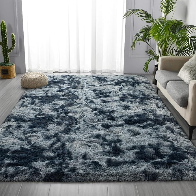 Deerhoo Large Shag Area Rugs 8 x 10, Tie-Dyed Plush Fuzzy Rugs for Living Room, Ultra Soft Fluffy Furry Rug for Bedroom, Indoor Carpet Nursery Rugs for Kids Room Home Decor, Blue and Grey
