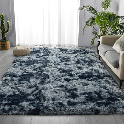 Deerhoo Large Shag Area Rugs 8 x 10, Tie-Dyed Plush Fuzzy Rugs for Living Room, Ultra Soft Fluffy Furry Rug for Bedroom, Indoor Carpet Nursery Rugs for Kids Room Home Decor, Blue and Grey
