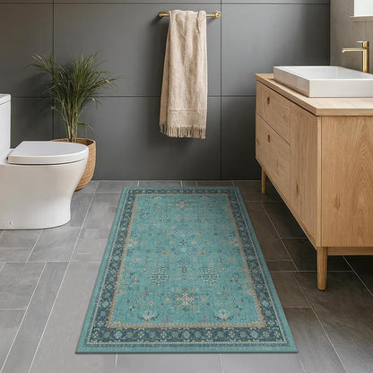 Hazo Haus Teal 3x6 Wide Non Slip Kitchen Rug - Washable Front Door Runner Indoor Entrance, Vintage Floral Pattern Indoor Decor, Non Slip Soft Low Pile Fade Resistant