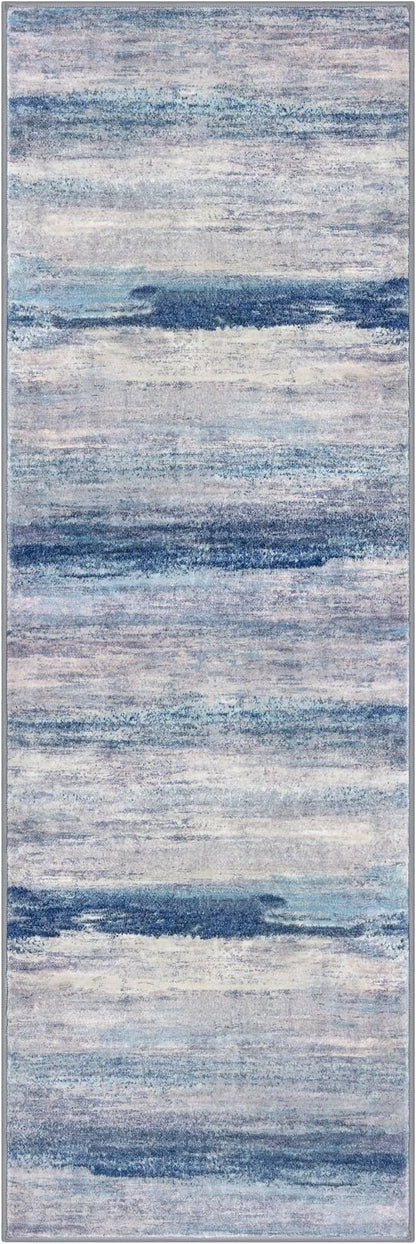 KOZYFLY Modern Abstract Kitchen Runner Rug, 2x6 Washable Rug Runner Non-Slip Soft Striped Hallway Runner Rugs, Blue/Grey/Beige Print Carpet Runner for Entryway Bathroom Laundry Room Foyer
