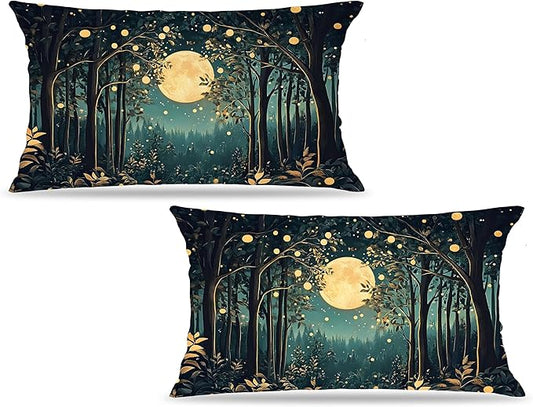 Rustic William Morris Inspired Night Moon Forest Decor Pillow Covers 18x18 Set of 2,Vintage Black and Gold Nature Landscape Botanical Decorative Throw Pillow Covers for Home Bedroom Living Room