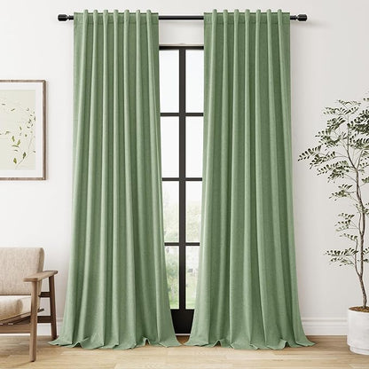 Guken Light Sage 100% Blackout Linen Curtains 96 Inch Length 2 Panels Set for Living Room Bedroom Back Tab/Rod Pocket Thermal Insulated Black Out Drapes Room Darkening Farmhouse Window Curtains