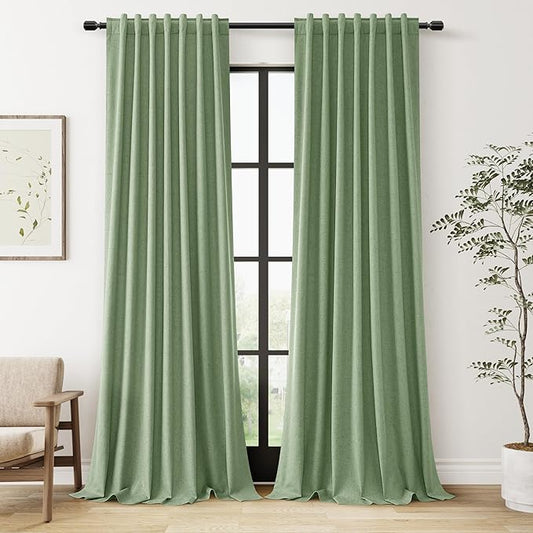 Guken Light Sage 100% Blackout Linen Curtains 96 Inch Length 2 Panels Set for Living Room Bedroom Back Tab/Rod Pocket Thermal Insulated Black Out Drapes Room Darkening Farmhouse Window Curtains