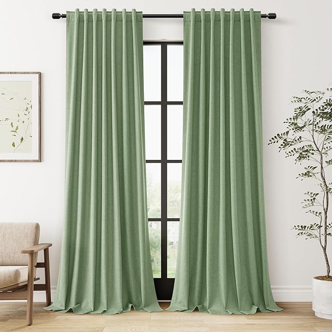 Guken Light Sage 100% Blackout Linen Curtains 90 Inch Length 2 Panels Set for Living Room Bedroom Back Tab/Rod Pocket Thermal Insulated Black Out Drapes Room Darkening Window Curtains,52x90