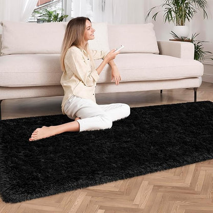 2x6 Bedside Area Rugs for Bedroom Soft Fluffy Shag Black Rug for Hallway Non-Slip Fuzzy Plush Living Room Rug Indoor Floor Carpet for Kids Rooms Dorm Nursery Modern Home Aesthetic Decor