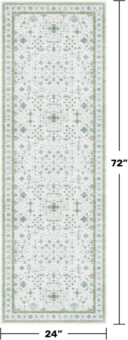 Hazo Haus Washable Oushak 2x6 Bathroom Runner Rug, Eclectic Boho Floral Pastel, Non Slip Low Pile Stain Resistant Small Throw Rug for Bedroom, Laundry Room, Powder Room, Cream Green