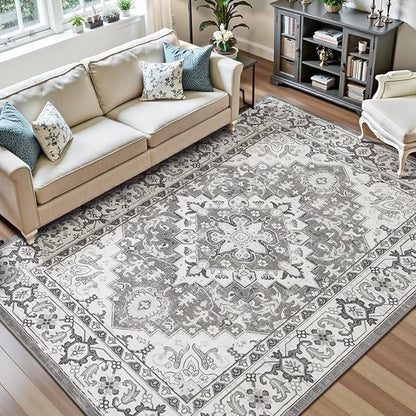 Lofus 8x10 Area Rugs for Living Room, Washable Area Rug, Rugs for Bedroom, Kitchen, Vintage Boho Carpet, Soft Non-Slip, Low Pile Large Area Rug for Office Dining Room, Floral Grey