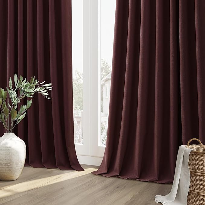 Guken Reddish Brown 100% Blackout Linen Curtains 120 Inch Length 2 Panels Set for Living Room Bedroom Back Tab/Rod Pocket Thermal Insulated Farmhouse Black Out Drapes Room Darkening,52x120