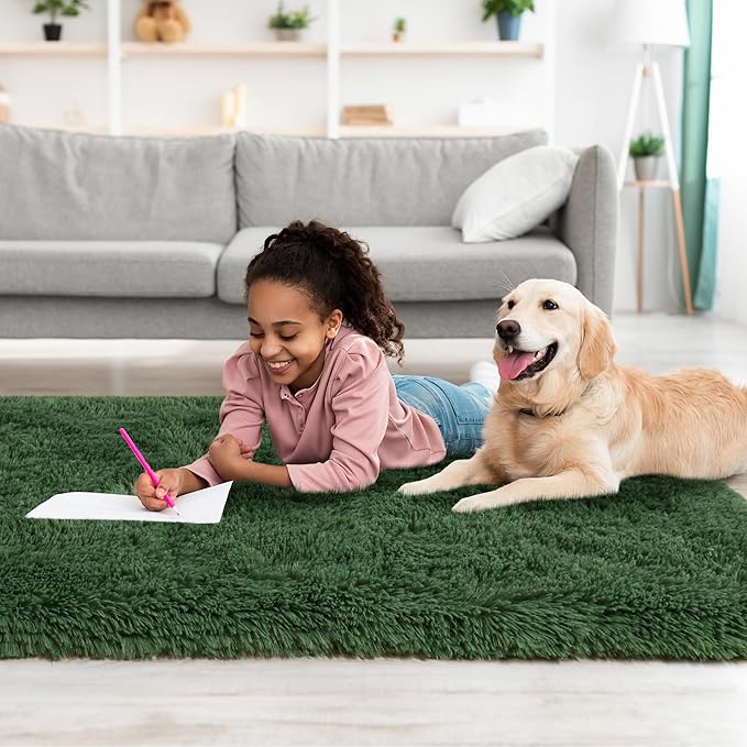 Tepook Soft Runner Rugs for Bedroom 2x6 with Rubber Backing, Dark Green Fluffy Rugs for Hallway, Shag Bedside Rug Fuzzy Plush Carpet for Living Room Dorm Nursery Indoor Home Decor