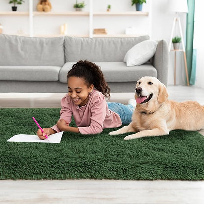 Tepook Soft Runner Rugs for Bedroom 2x6 with Rubber Backing, Dark Green Fluffy Rugs for Hallway, Shag Bedside Rug Fuzzy Plush Carpet for Living Room Dorm Nursery Indoor Home Decor