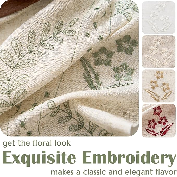 jinchan Belrose Linen Curtains for Bedroom Floral Curtains 72 Inch Length Linen Blend Sage Green Embroidered Drapes Farmhouse Flower Patterned Drapes for Living Room Window Treatments Set 2 Panels