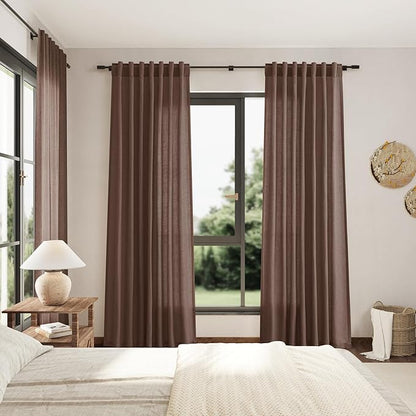 Mocha Mousse Curtains 102 Inches Long 2 Panel Set Back Tab Rod Pocket Linen Blend High Window Semi Sheer Light Filtering Burlap Look for Neutral Farmhouse Decor Curtain in Living Room 52x102