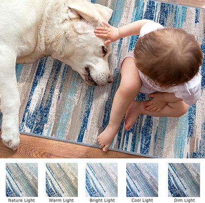 Lansny Modern Abstract Runner Rug 3x8, Blue Washable Kitchen Runner Non-Slip Soft Hallway Rug Runner Thin Print Faux Wool Carpet for Entryway Bedroom Laundry Room Indoor Home Office Decor