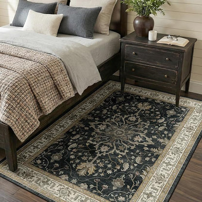 Area Rugs 4'x6' Washable Non-Slip, Floral Vintage Distress Print Pattern Medallion Carpet for Living Room Bedroom Dining Room, Vintage Black Brown Neutral