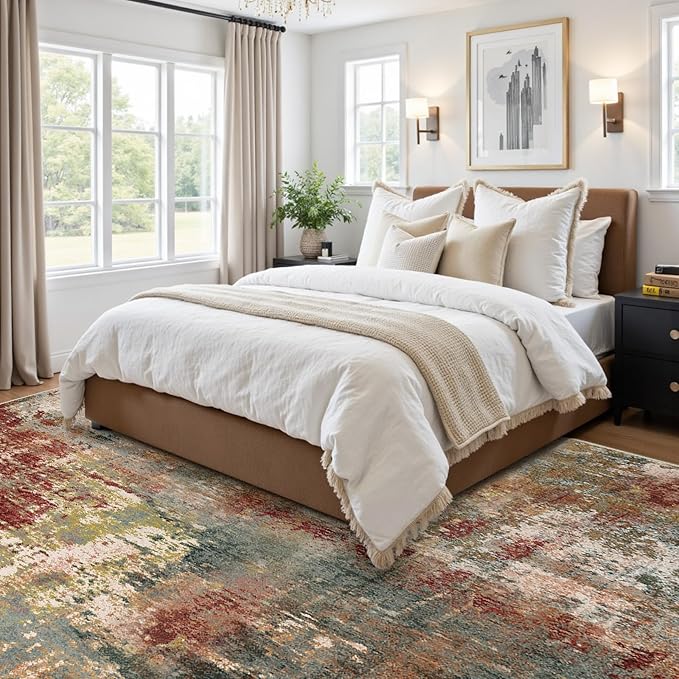 Washable Area Rugs Square 9ft Non-Slip Modern Abstract Soft for Living Room Entryway Bedroom Nursery, Print Pattern, Brown Rust Red Green Blue Multi